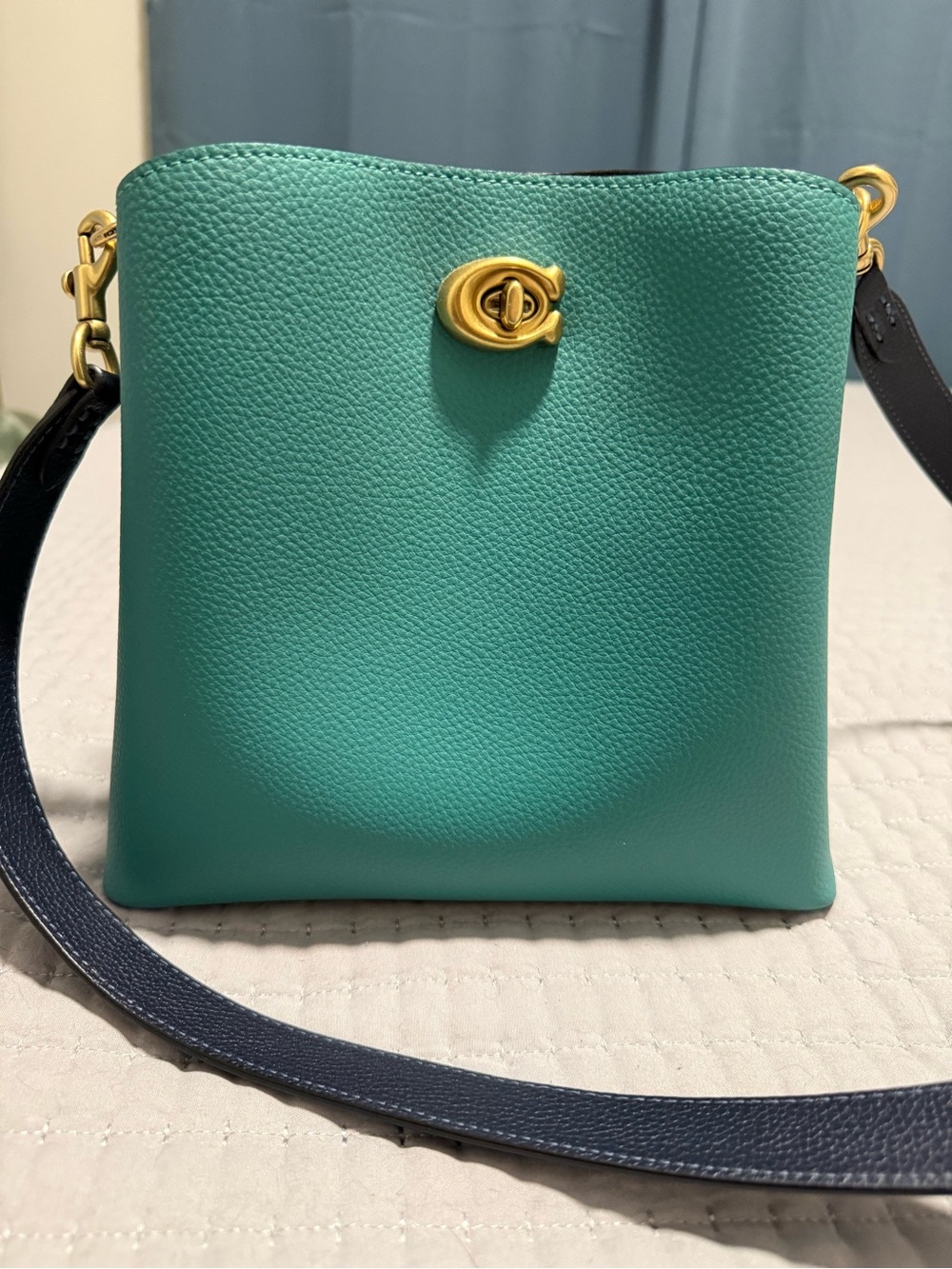 Coach Teal Pebbled Leather Crossbody with Navy Strap and Gold Hardware